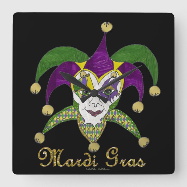 Colourful Mardi Gras Jesters Mask Square Wall Clock (Front)