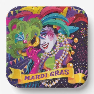 Colourful Mardi Gras Masked Poster Paper Plate