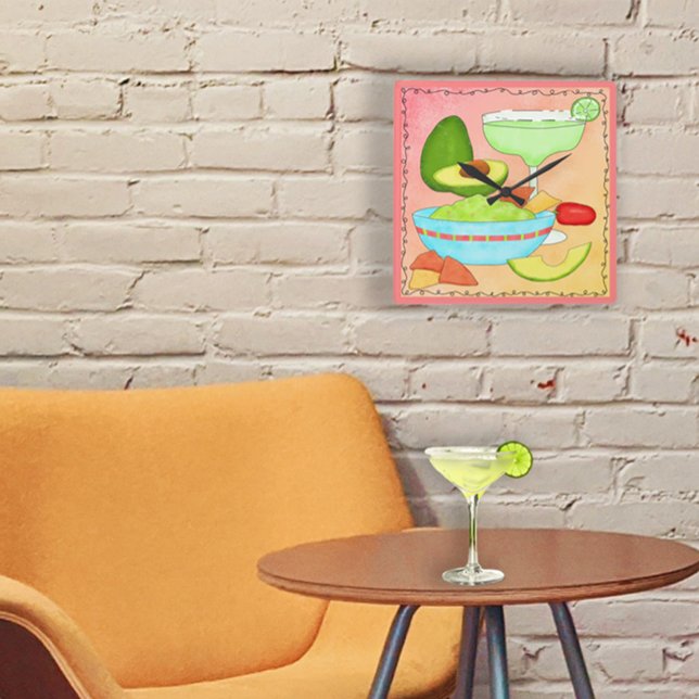 Colourful Margarita Guacamole Fun Celebrate Square Wall Clock (Enjoy a margarita and keep time with.your favorite drink - a margarita while keeping time.)