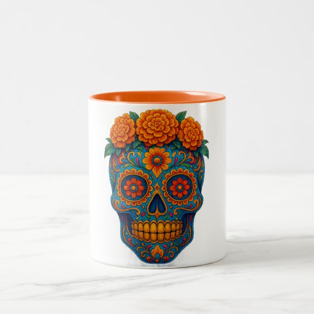 Colourful Marigold Day of the Dead Sugar Skull Two-Tone Coffee Mug (Center)