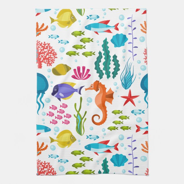 Colourful marine animals pattern tea towel (Vertical)