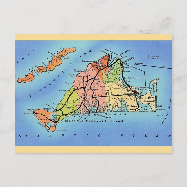 Colourful Martha's Vineyard Map  Postcard (Front)
