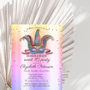 Colourful Masque Diamonds Masquerade Sweet 16 Invitation Postcard