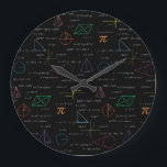 Colourful Mathematics Equations Math Formulas  Large Clock<br><div class="desc">A colourful mathematics equations and formulas pattern on a black background. An ideal design for math teachers,  mathematic enthusiasts,  scientists,  math students,  mathematics tutors,  arithmetic etc. A modern math pattern for back to school students and teachers etc.</div>
