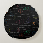 Colourful Mathematics Equations Math Formulas  Round Cushion<br><div class="desc">A colourful mathematics equations and formulas pattern on a black background. An ideal design for math teachers,  mathematic enthusiasts,  scientists,  math students,  mathematics tutors,  arithmetic etc. A modern math pattern for back to school students and teachers etc.</div>