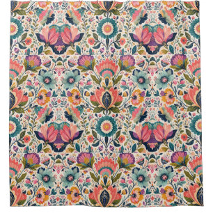 Colourful maximalist floral Scandinavian Folk Art Shower Curtain