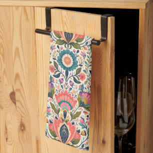 Colourful maximalist floral Scandinavian Folk Art Tea Towel
