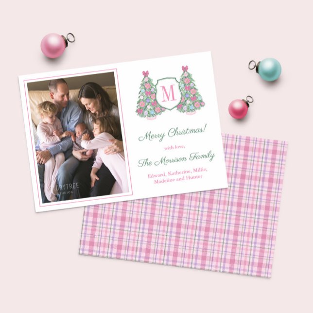 Colourful Maximalist Monogram Merry Christmas Holiday Card (Maximalist monogram Holidays tree Christmas Cards in pink, teal and purple with tartan plaid reverse)