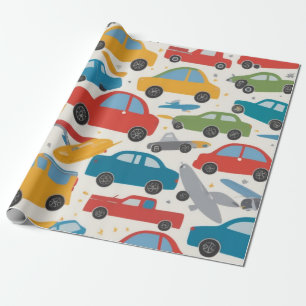 Colourful maze of toy cars wrapping paper