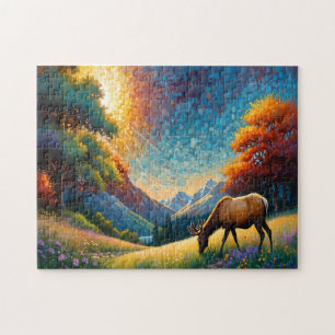 Colourful Meadow Elk with Flowers Art Jigsaw Puzzle