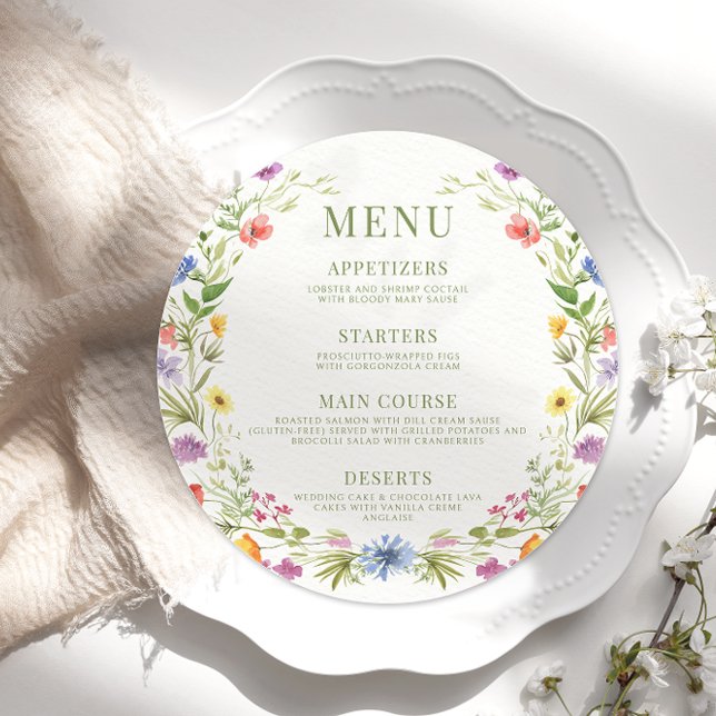 Colourful meadow flower wedding round Flat Menu (Creator Uploaded)