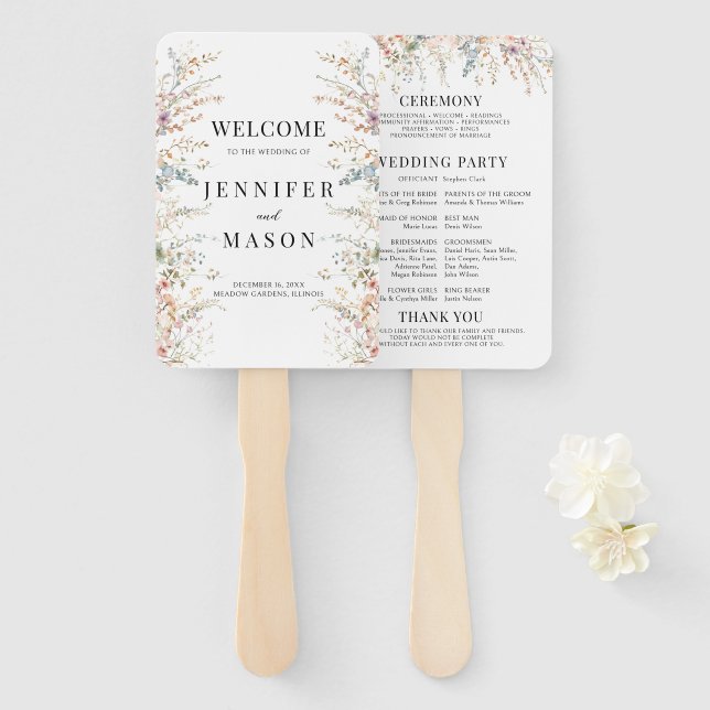 Colourful Meadow Flowers Spring Wedding Program Hand Fan (Front and Back)