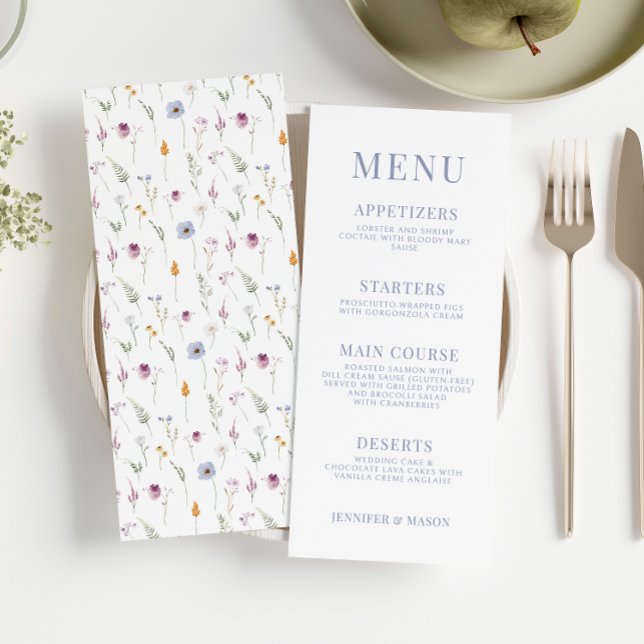 Colourful meadow wildflower wedding menu cards (Creator Uploaded)