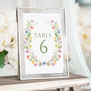 Colourful meadow wildflower wreath wedding table number