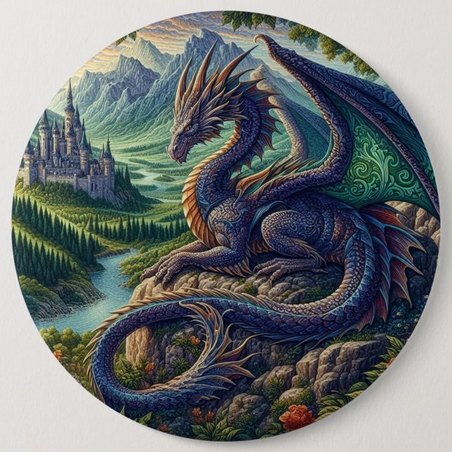 Colourful, Mediaeval Dragon castle 6 Cm Round Badge (Front)
