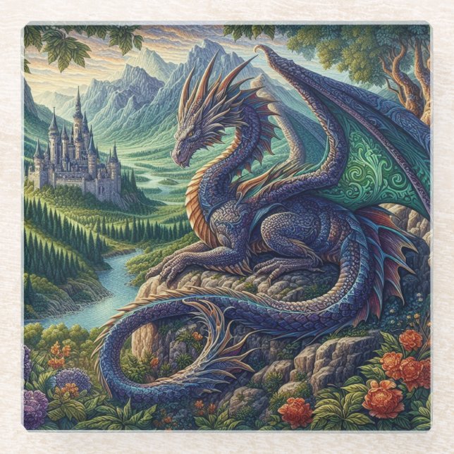 Colourful, Mediaeval Dragon castle Glass Coaster (Front)