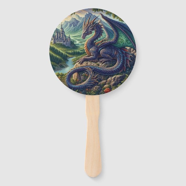 Colourful, Mediaeval Dragon castle Hand Fan (Front)