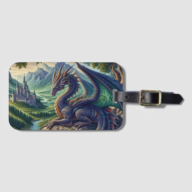 Colourful, Mediaeval Dragon castle Luggage Tag (Front Horizontal)