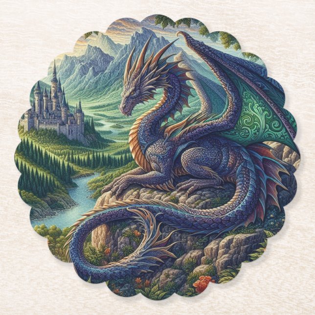 Colourful, Mediaeval Dragon castle Paper Coaster (Front)