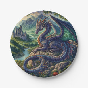 Colourful, Mediaeval Dragon castle Paper Plate