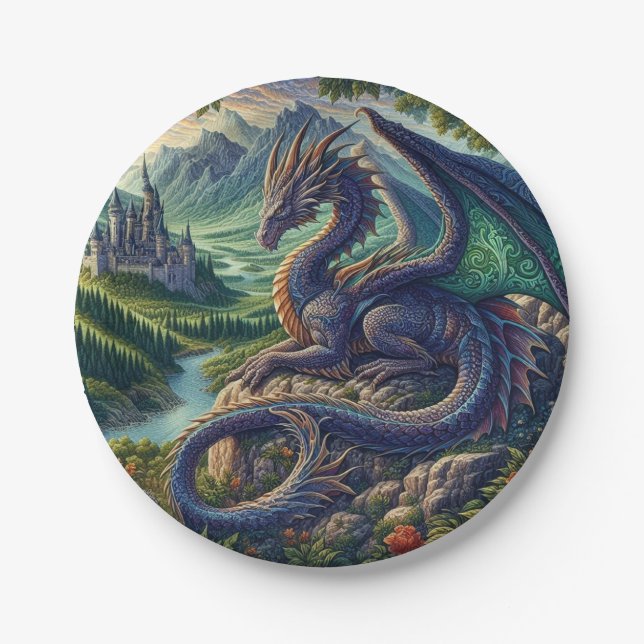 Colourful, Mediaeval Dragon castle Paper Plate (Front)