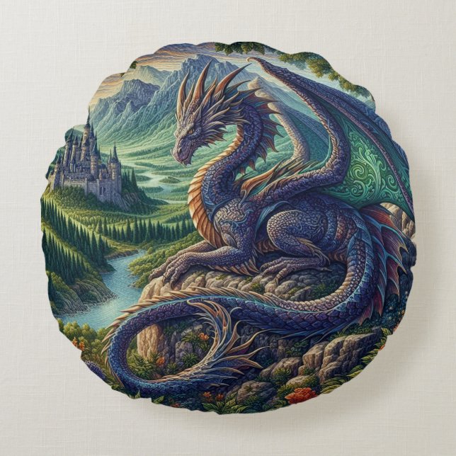 Colourful, Mediaeval Dragon castle Round Cushion (Front)