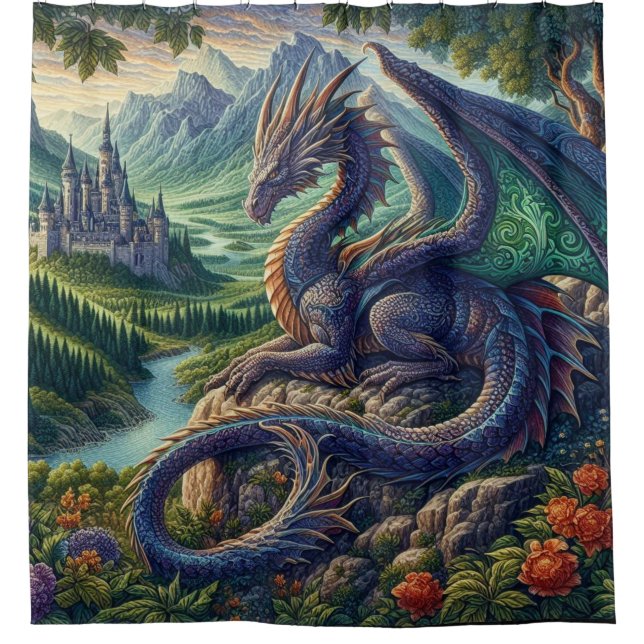 Colourful, Mediaeval Dragon castle Shower Curtain (Front)