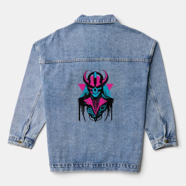 Colourful Mediaeval Zombie Skull Art Denim Jacket (Back)