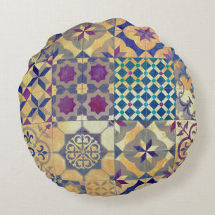 Colourful Mediterranean & Aegean traditional tiles Round Cushion