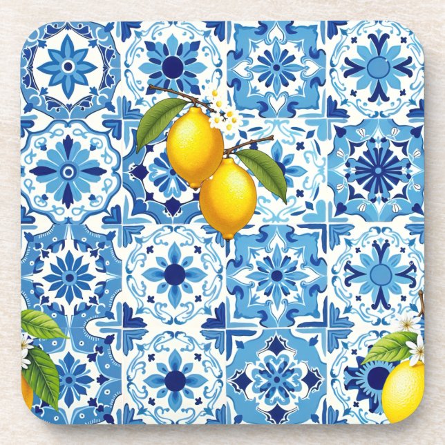 Colourful,Mediterranean,mosaic,blue,lemon, Coaster (Front)