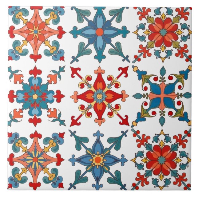 Colourful,Mediterranean,mosaic,blue,orange,green, Tile (Front)