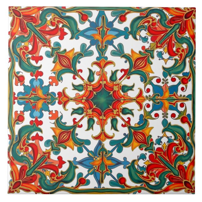 Colourful,Mediterranean,mosaic,red,orange,green, Tile (Front)