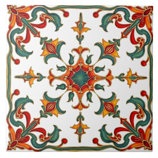 Colourful,Mediterranean,mosaic,red,orange,green, Tile (Front)