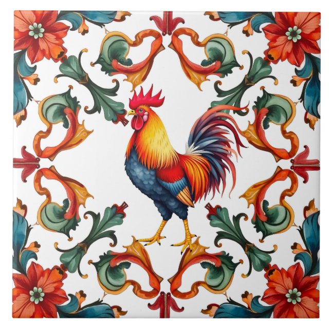 Colourful,Mediterranean,mosaic,rooster,bird, Tile (Front)