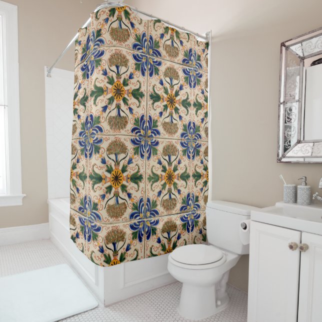 Colourful Mediterranean Vintage Floral Pattern Shower Curtain (In Situ)
