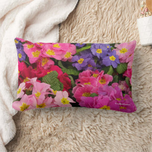 Colourful Medley Pink Blue Purple Primula Flowers Lumbar Cushion