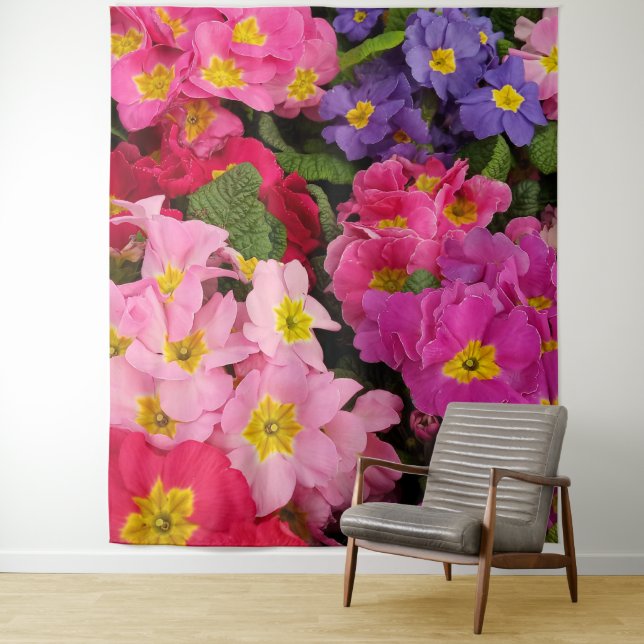 Colourful Medley Pink Blue Purple Primula Flowers Tapestry (In Situ)