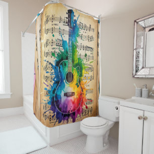 Colourful Melody: Painted Guitar on Vintage Music Shower Curtain