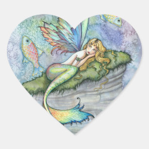 Colourful Mermaid and Carp Fish Fantasy Art Heart Sticker