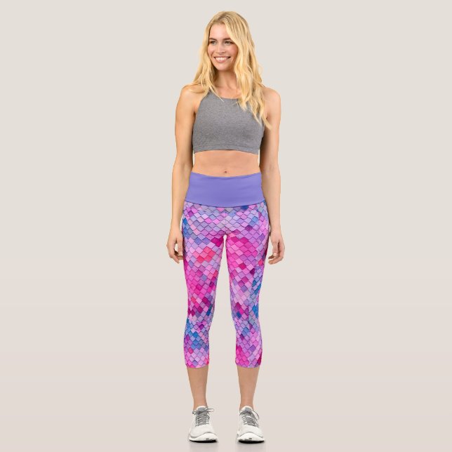 Colourful Mermaid FishTail Tiles Pattern Capri Leggings (Front)