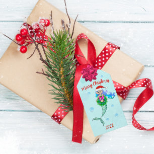 Colourful Mermaid Holding Christmas Wreath  Gift Tags