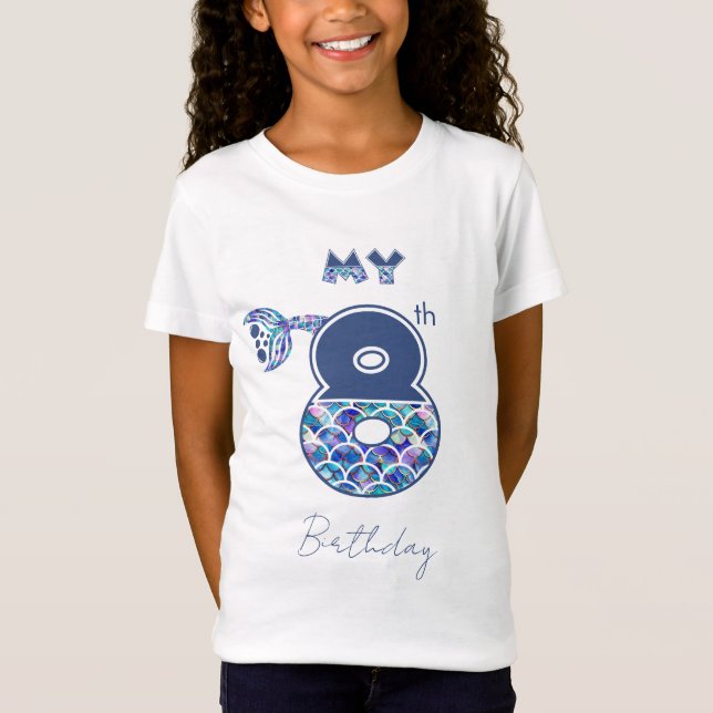 Colourful Mermaid Scales Little Girls 8th Birthday T-Shirt (Front)