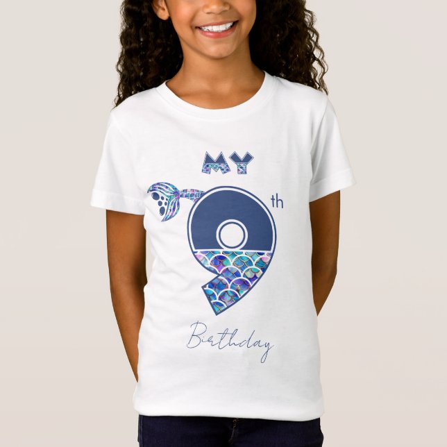 Colourful Mermaid Scales Little Girls 9th Birthday T-Shirt (Front)