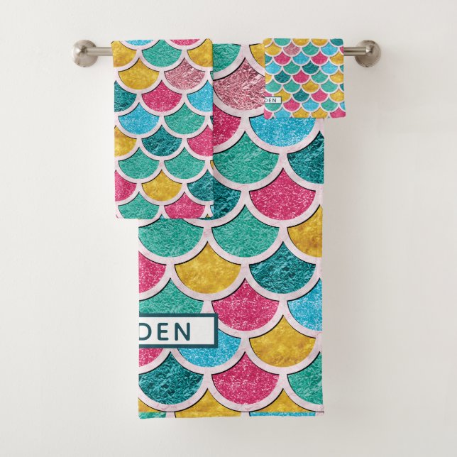 Colourful Mermaid Scales Monogram Bath Towel Set (Insitu)