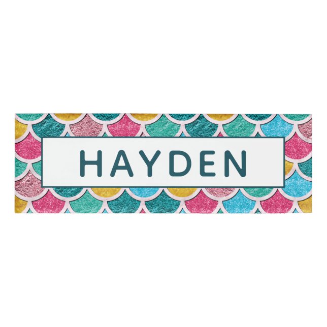 Colourful Mermaid Scales Monogram Name Tag (Front)