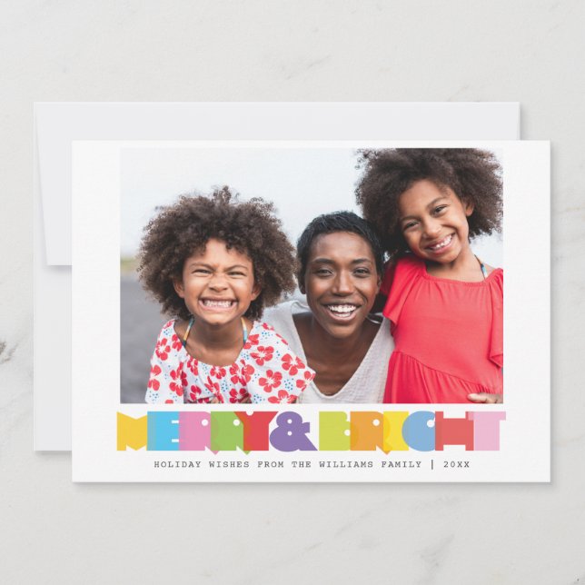 Colourful Merry And Bright Family Photo Christmas Holiday Card (Front)