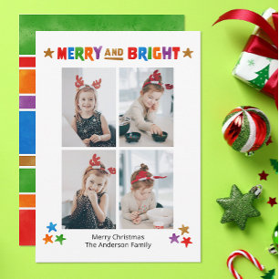 Colourful Merry and Bright Four Photo Christmas Ca Card