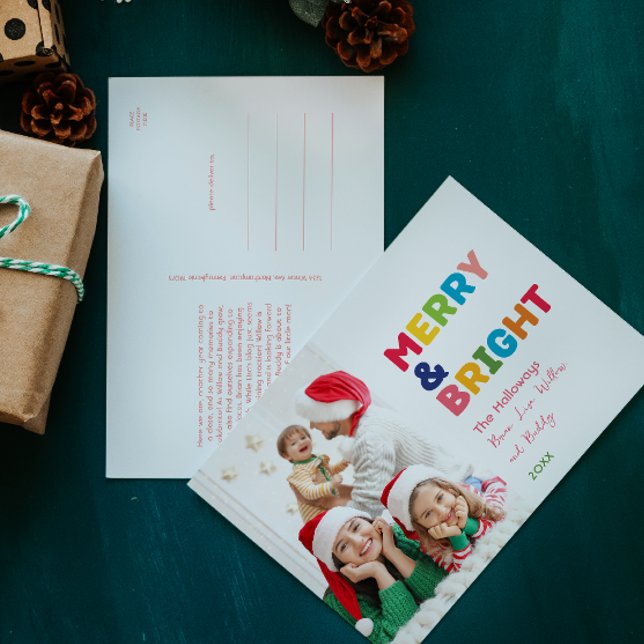 Colourful Merry and Bright One Photo Holiday Postcard (Creator Uploaded)