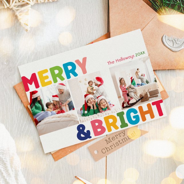 Colourful Merry and Bright Year In Review 3 Photo Holiday Card (Creator Uploaded)