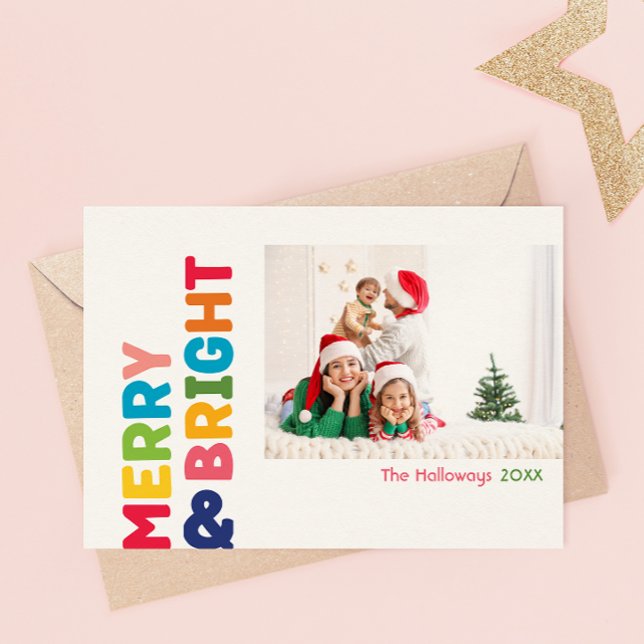 Colourful Merry and Bright Year In Review 4 Photo Holiday Card (Creator Uploaded)